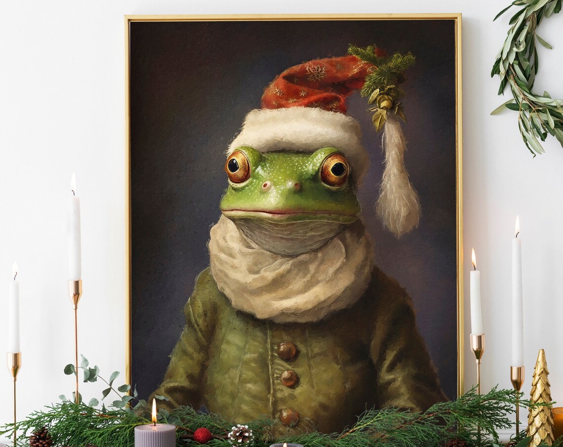 Christmas Frog Vintage Portrait, Renaissance Animal Art Print