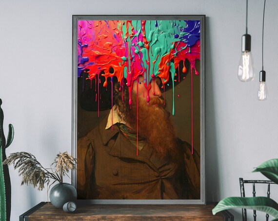 Bearded Victorian Gentleman Neon Paint Drip Altered Portrait Poster