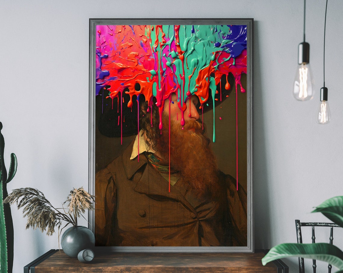 Bearded Victorian Gentleman Neon Paint Drip Altered Portrait Poster