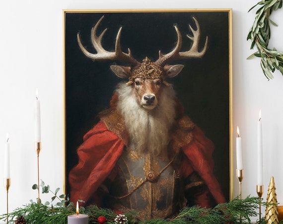 Christmas Stag Vintage Portrait Art Print, Festive