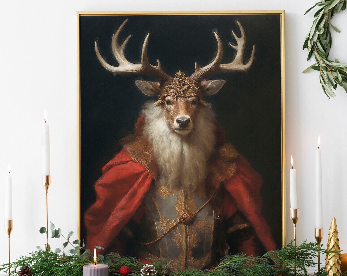 Christmas Stag Vintage Portrait Art Print, Festive
