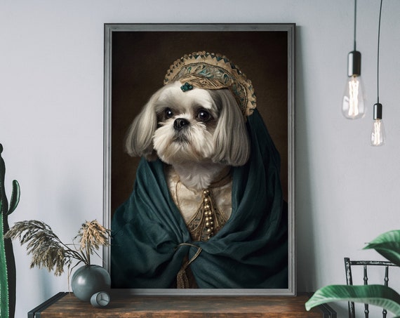 Shih Tzu Portrait Art Print Altered Dog In Clothes Picture Funny Pet Wall Animal Human Body