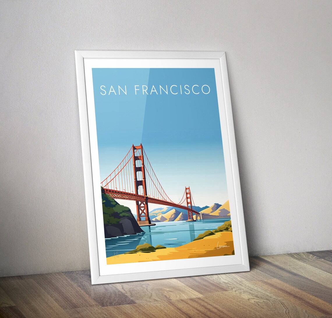San Francisco USA Travel Poster Golden Gate Bridge Retro Bay City Scene