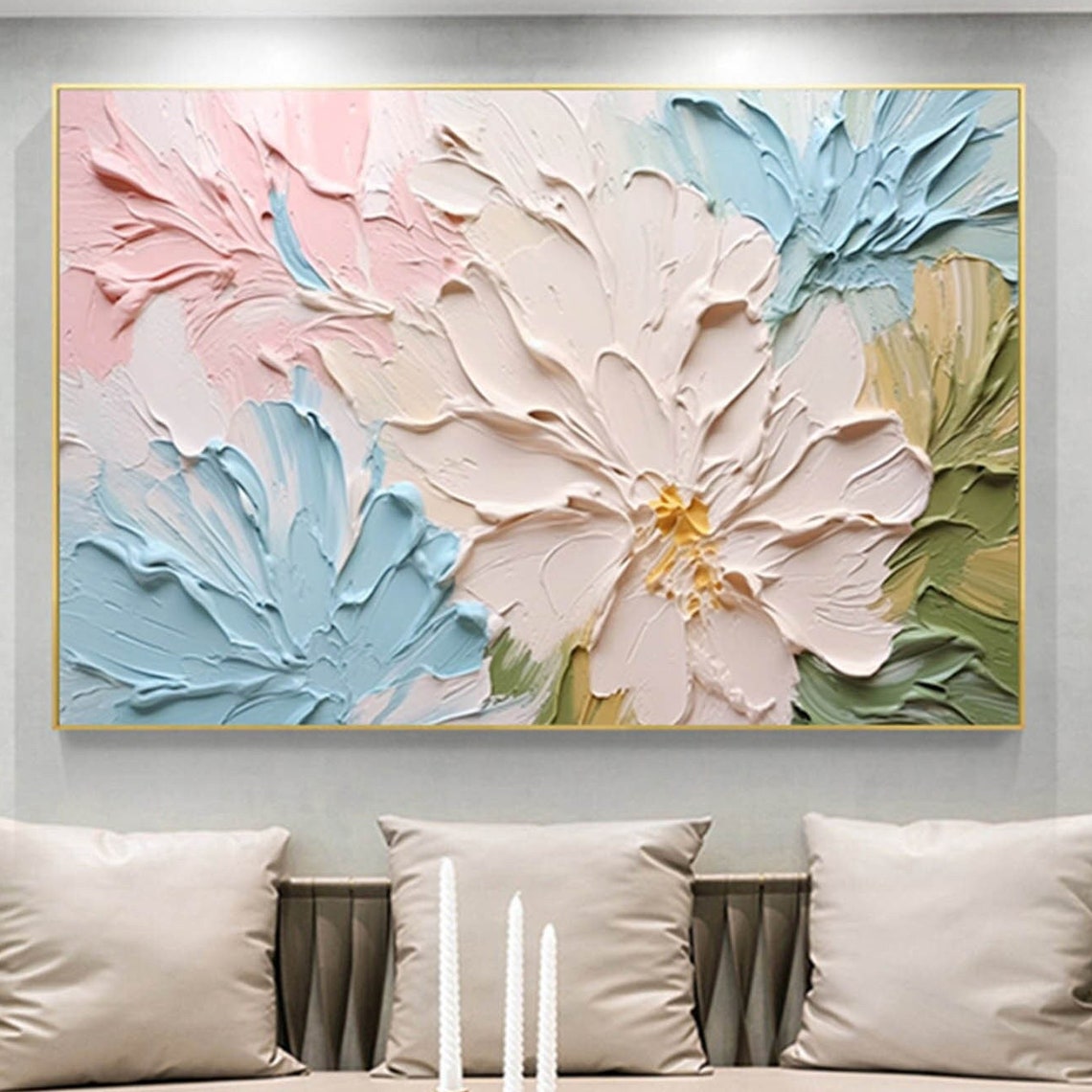 Pink Blue Floral Bloom 3D Textured Impasto Painting Panoramic Wall Art