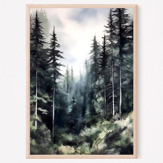 Dark Evergreen Forest Mist Moody Pine Trees Watercolor Poster