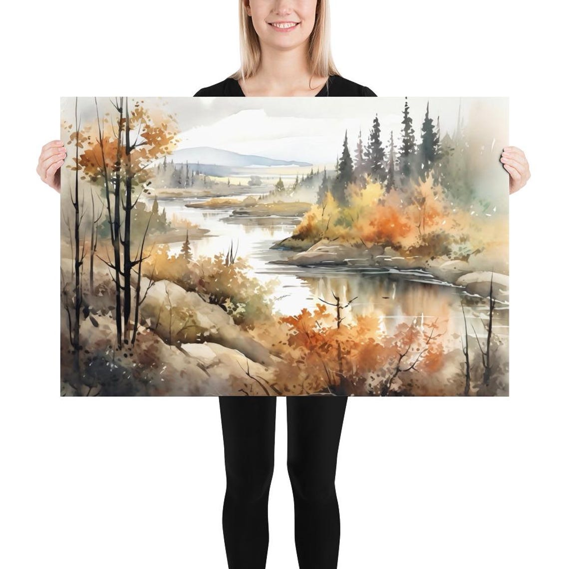 Autumn River with Golden Foliage and Bare Trees Watercolor Poster - Image 5