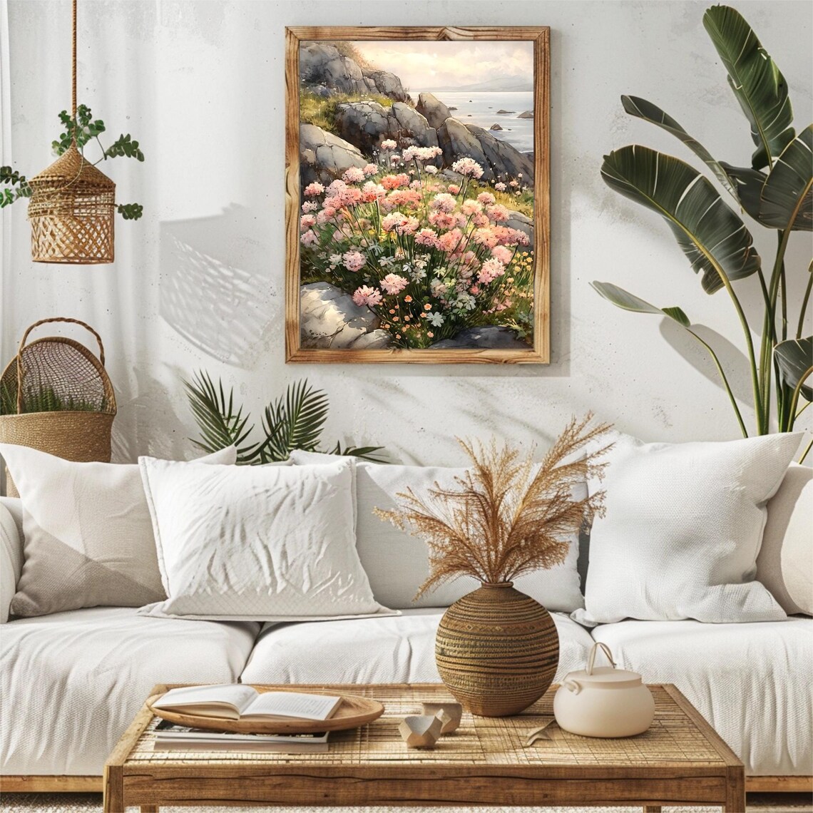 Rocky Seashore Pink Sea Thrift Flowers Calm Water Watercolor Poster - Image 4