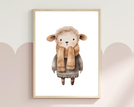 Winter Animal Art Print Animal Holiday Decor Cute Animal Nursery Decor Watercolour Sheep Kids Room Poster Christmas Wall Art