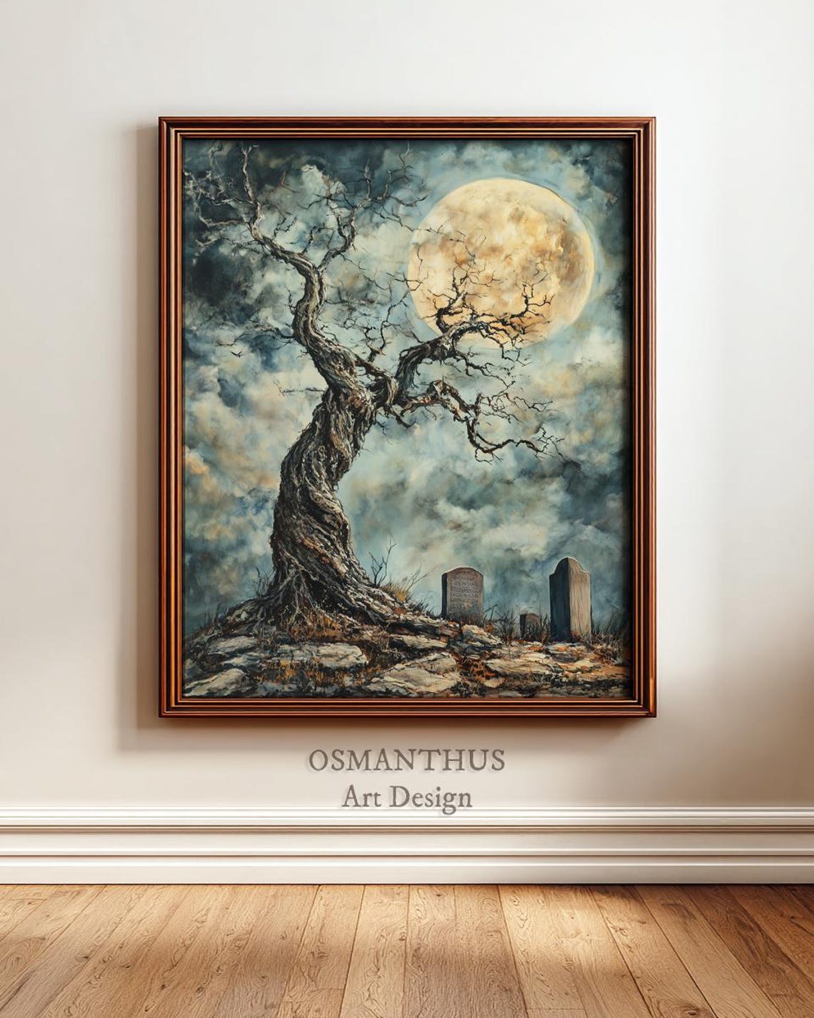 Twisted Oak Tree Full Moon Graveyard Gothic Halloween Art Poster