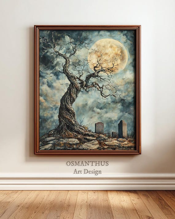 Majestic Twisted Oak With Glowing Moon Rustic Night Landscape Art Moody Nature Scene Wall Decor Earthy Painting 21