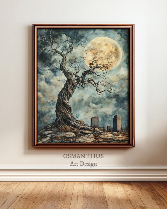 Twisted Oak Tree Full Moon Graveyard Gothic Halloween Art Poster