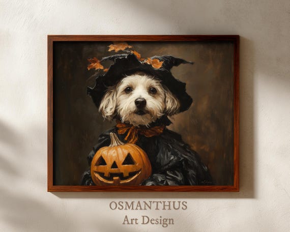 Halloween Dog In Witch Costume Rustic Vintage Oil Painting Wall Art Decor Charming Spooky Pet Portrait Fall 128