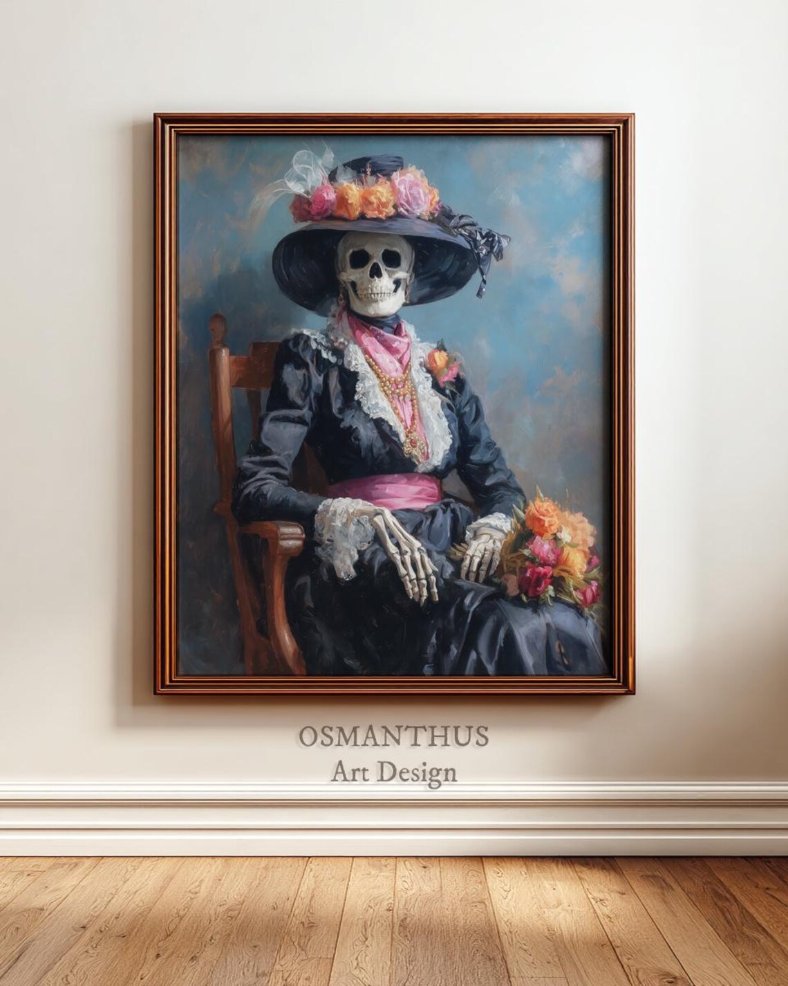 Victorian Skeleton Lady Floral Hat Day Of The Dead Portrait Poster