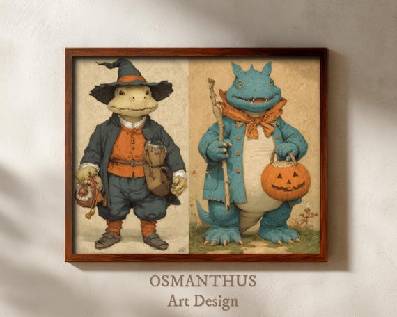 Vintage Halloween Monsters Art Witch Frog And Dragon Dressed Up For Trick Or Treat Spooky Wall Decor Retro 125