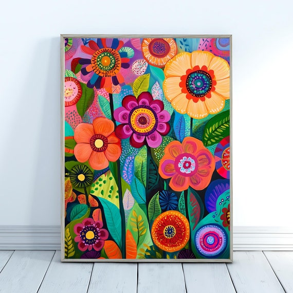 Floral Wall Art Whimsical Floral Art Print Maximalist Wall Dcor Bold Colored Decoration For Living Room Bedroom