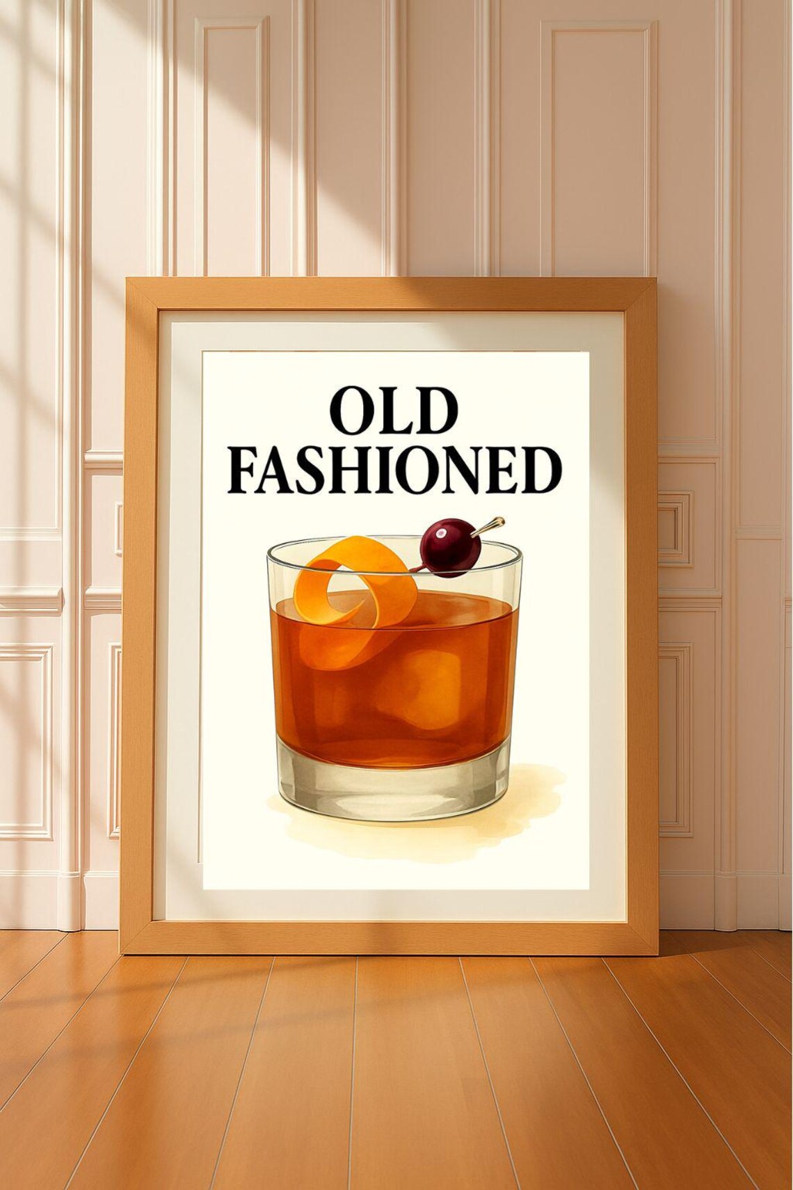 Old Fashioned Cocktail Wall Art Whiskey Drink Illustration Bar Kitchen