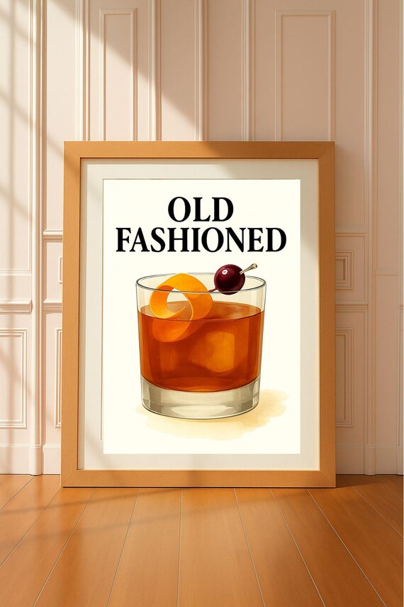 Old Fashioned Cocktail Wall Art Whiskey Drink Illustration Bar Kitchen