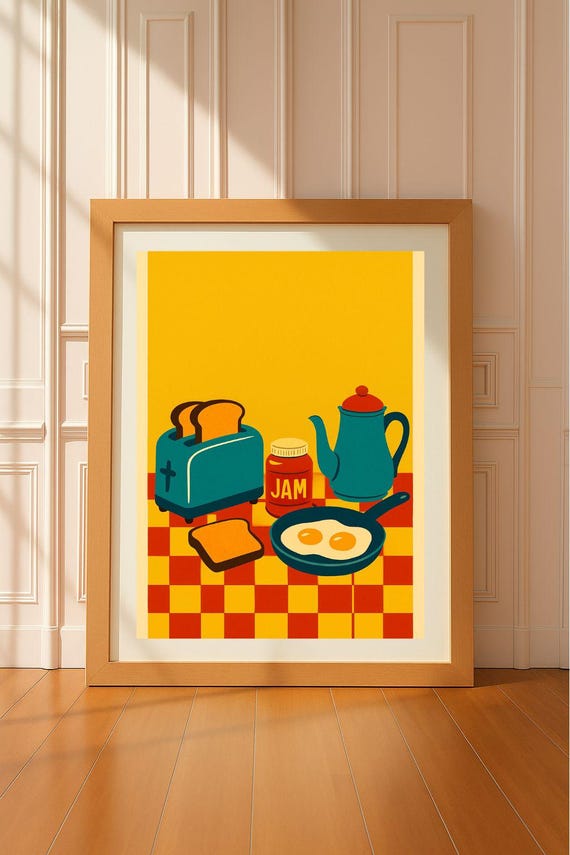 Retro Kitchen Breakfast Print Midcentury Modern Toaster Eggs Coffee Vintage Style Wall Art For Decor