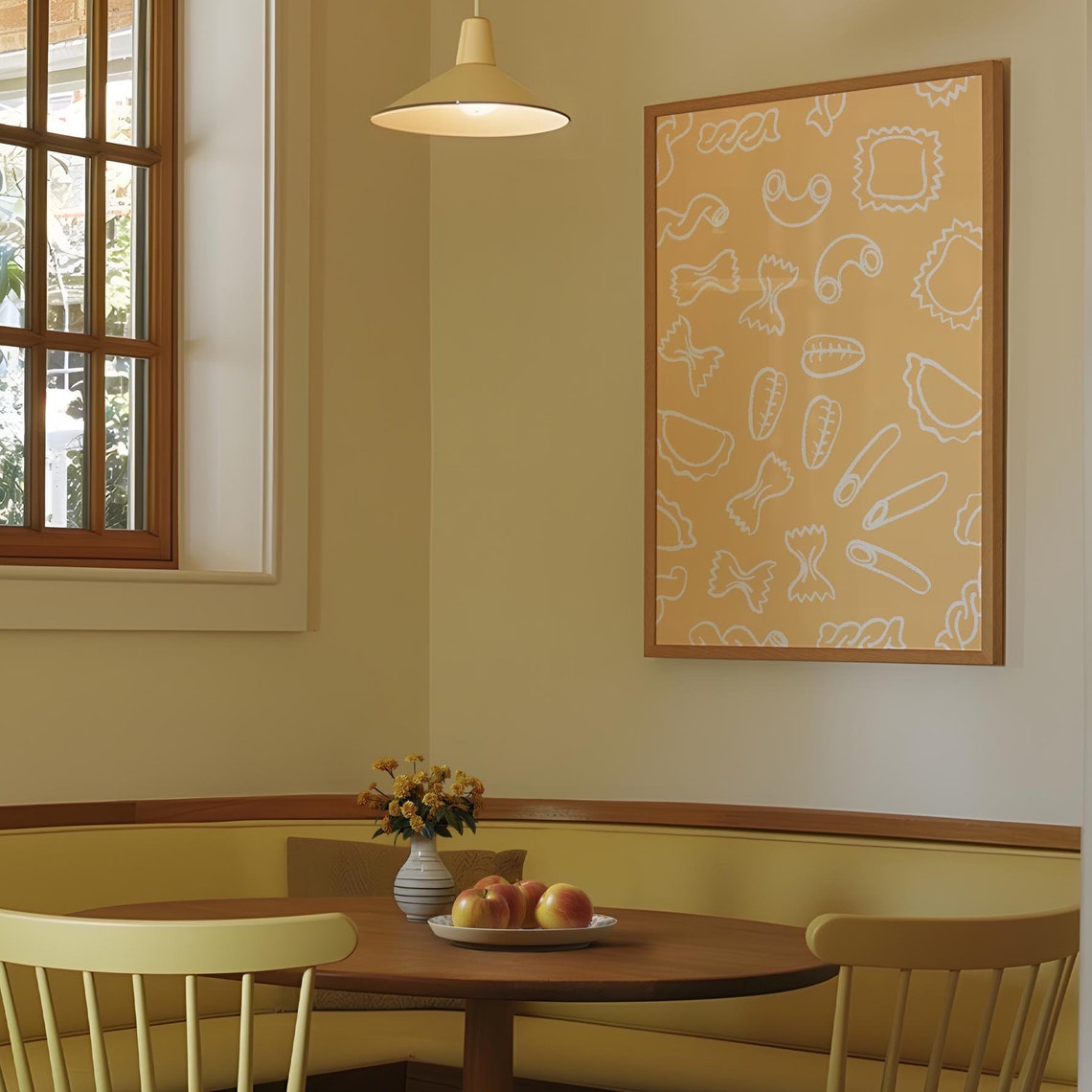 White Pasta Outline Pattern Golden Yellow Modern Kitchen Wall Poster