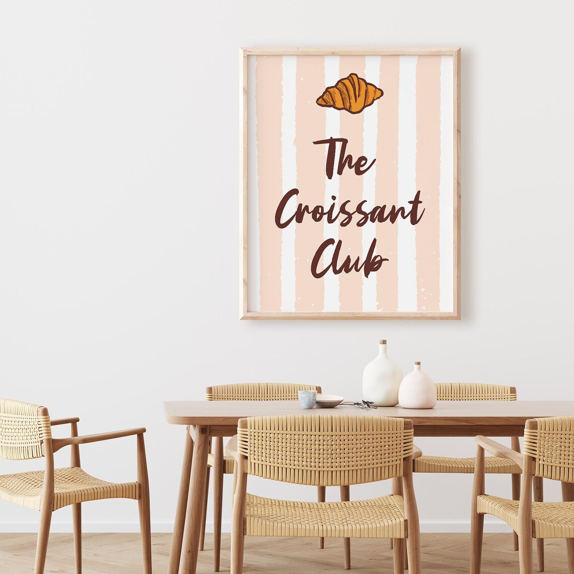 The Croissant Club Typography Poster On Peach Striped Background