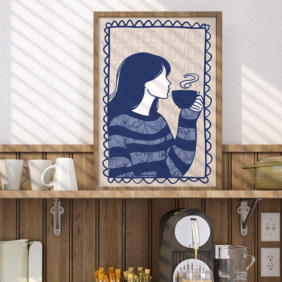Cozy Coffee Lover Illustration Print Girl With Coffee Cup In Blue And Beige Perfect For Home Cafe Decor Instant