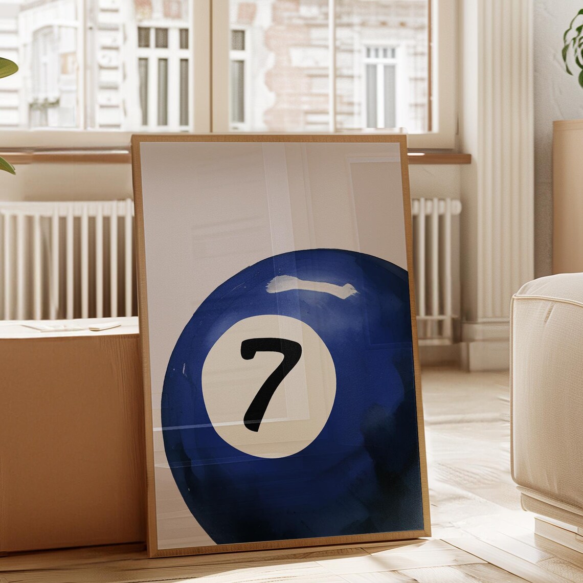 Lucky Number 7 Blue Watercolor Pool Ball Retro Sport Wall Art