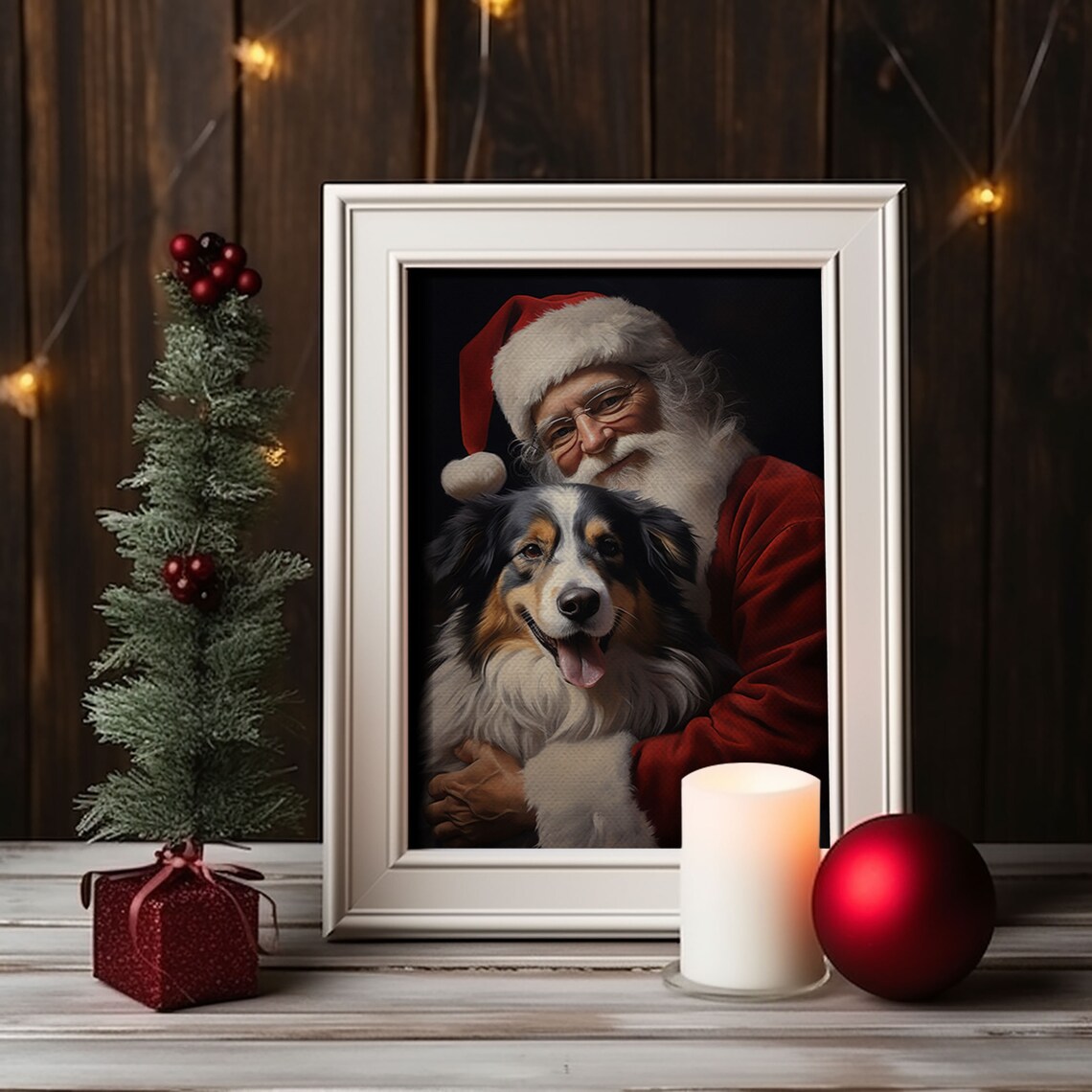 Santa Claus Cuddling Happy Australian Shepherd Christmas Poster - Image 4
