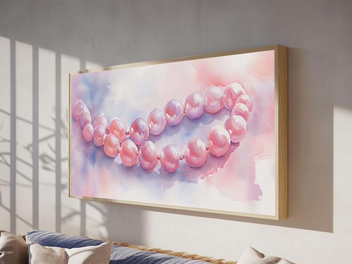 Pink Pearl Necklace Wide Horizontal Soft Watercolor Jewelry Wall Art - Image 4