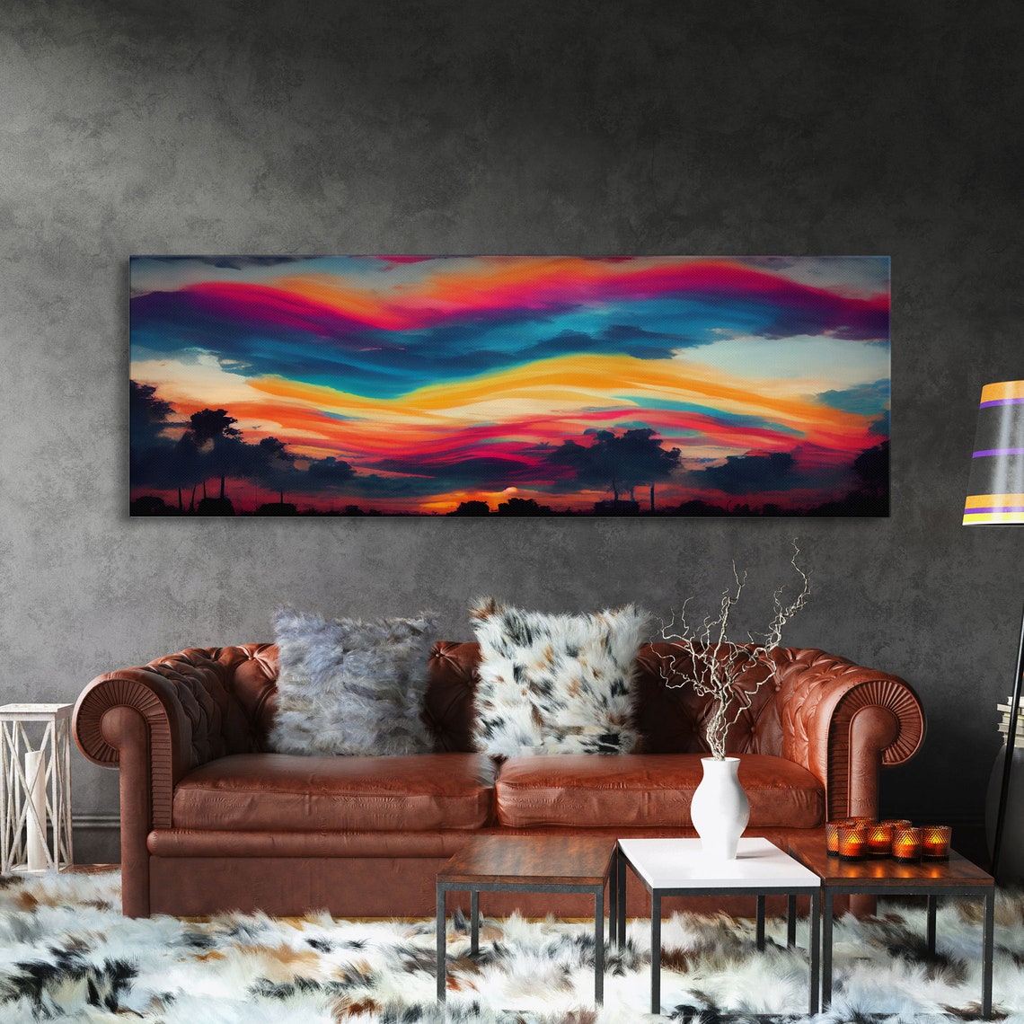 Vivid Sunset Sky With Pink Orange Teal Cloud Bands Panoramic Print - Image 3