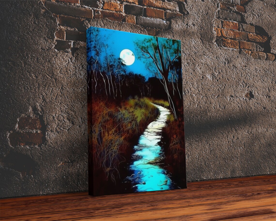 Spooky Full Moon Over Calm Stream Night Art Print - Image 2