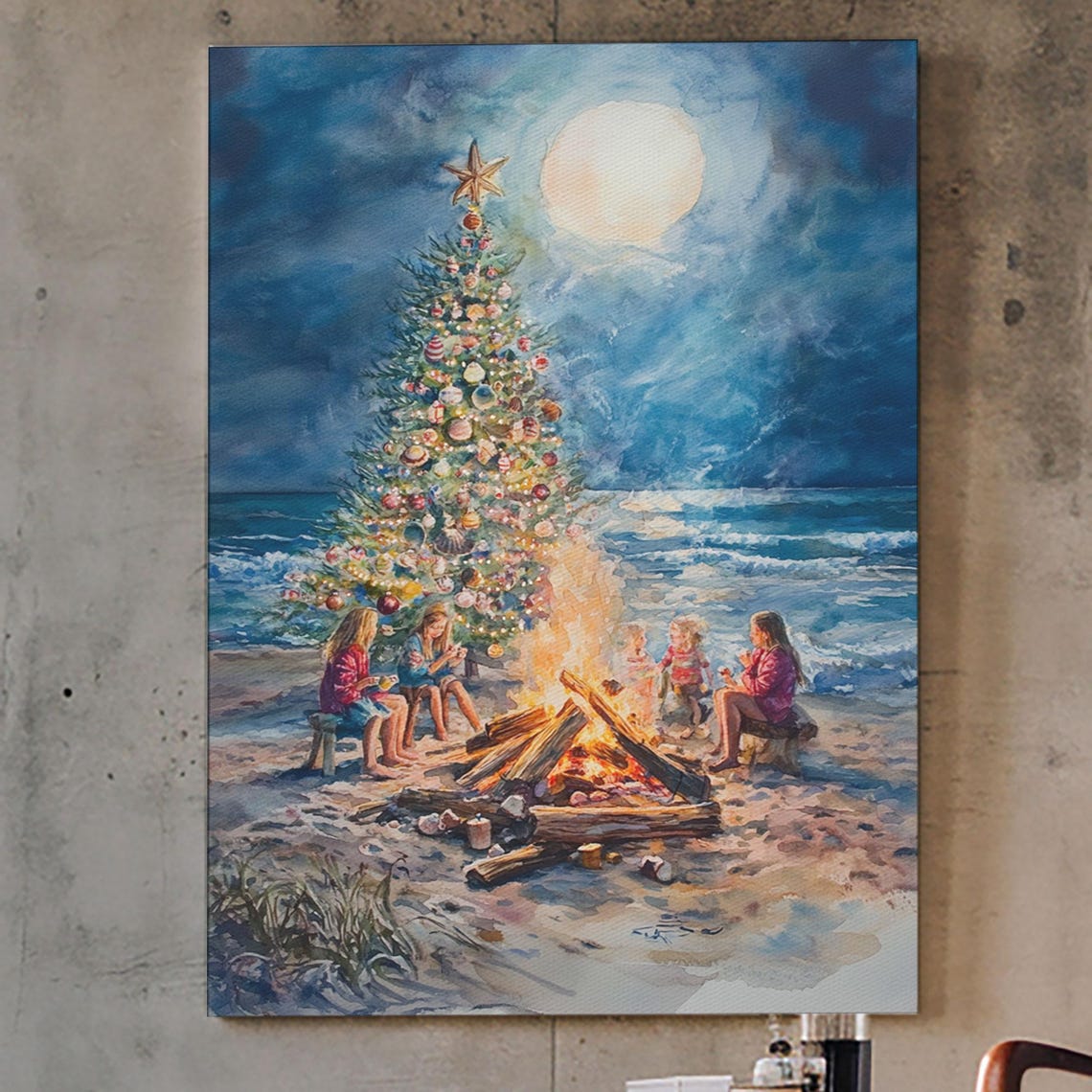 Family Beach Bonfire With Christmas Tree Under Moonlit Ocean Poster - Image 5