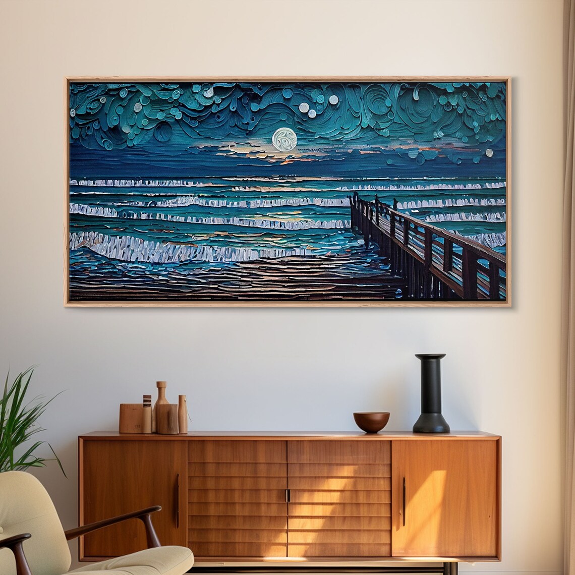 Full Moon Over Beach, Lighthouse Coastal Art Print