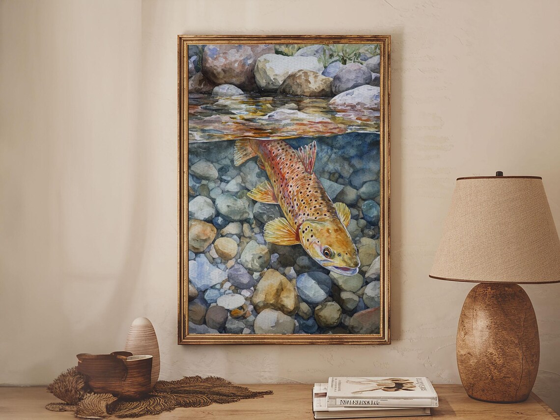 Brown Trout Swimming Art Print, Rustic Cabin Decor