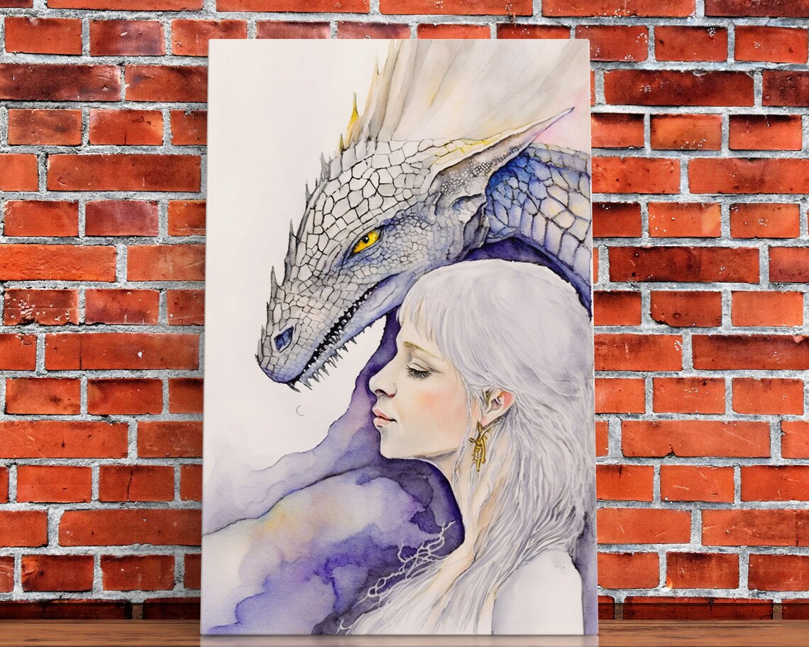 Silver Haired Dragon Girl Watercolor White Dragon Fantasy Art Print Poster - Image 5