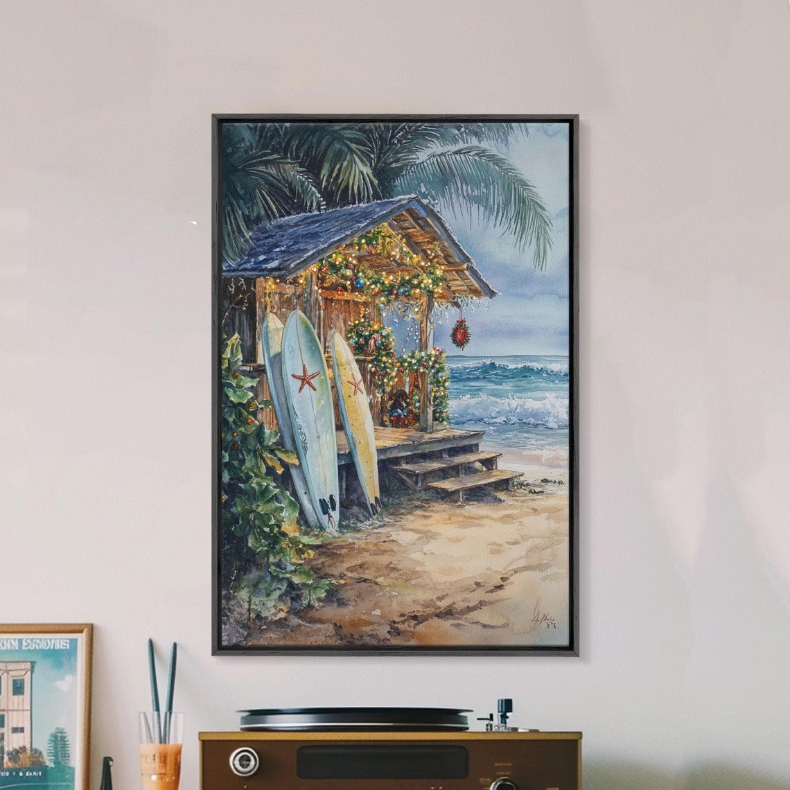 Tropical Surf Shack Christmas Lights Beach Surfboards Ocean Poster - Image 4