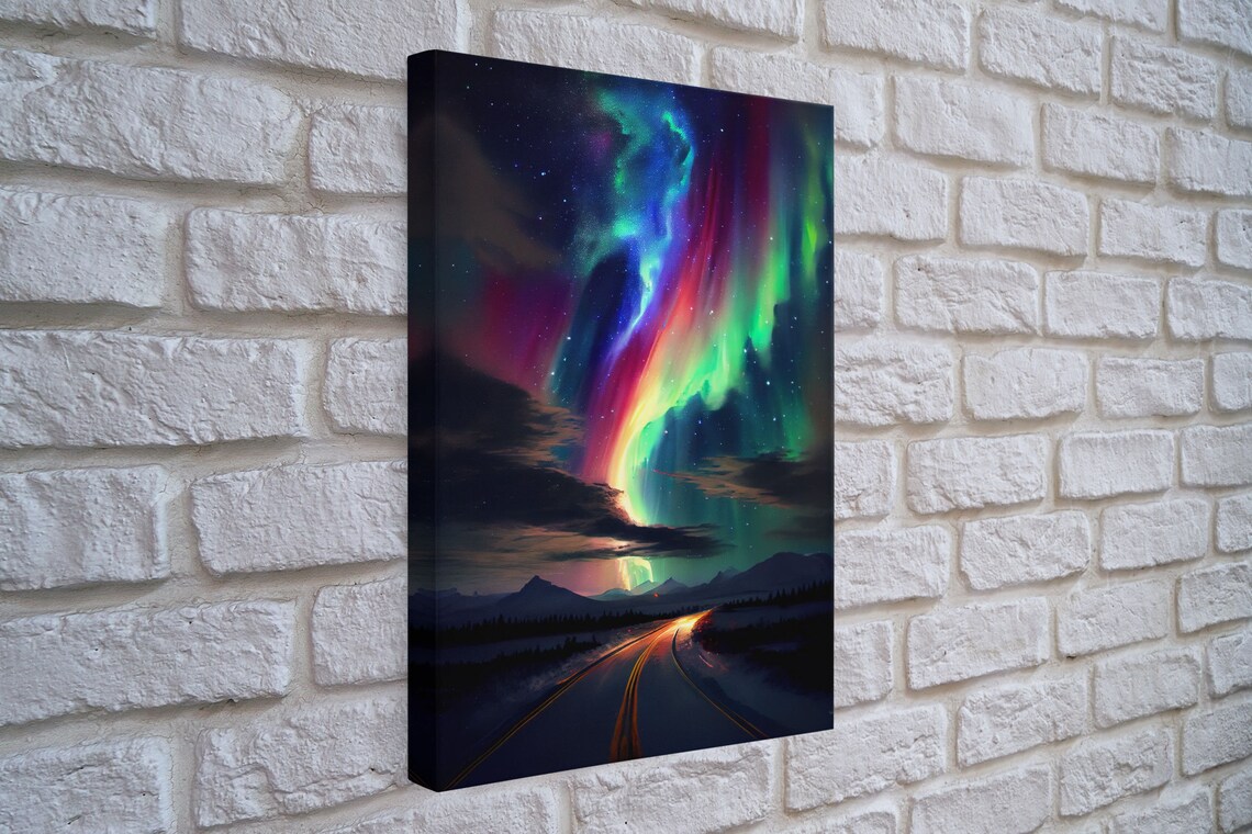Winter Road Under Aurora Borealis, Mountain Art Print