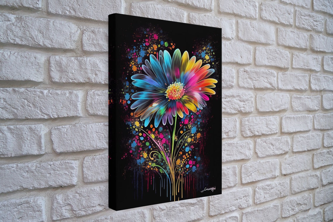 Neon Rainbow Daisy Flower Graffiti Splatter Black Background Poster - Image 2