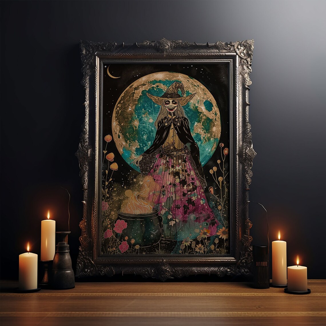 Spooky Witch With Cauldron Under Full Moon, Halloween Art - Image 4