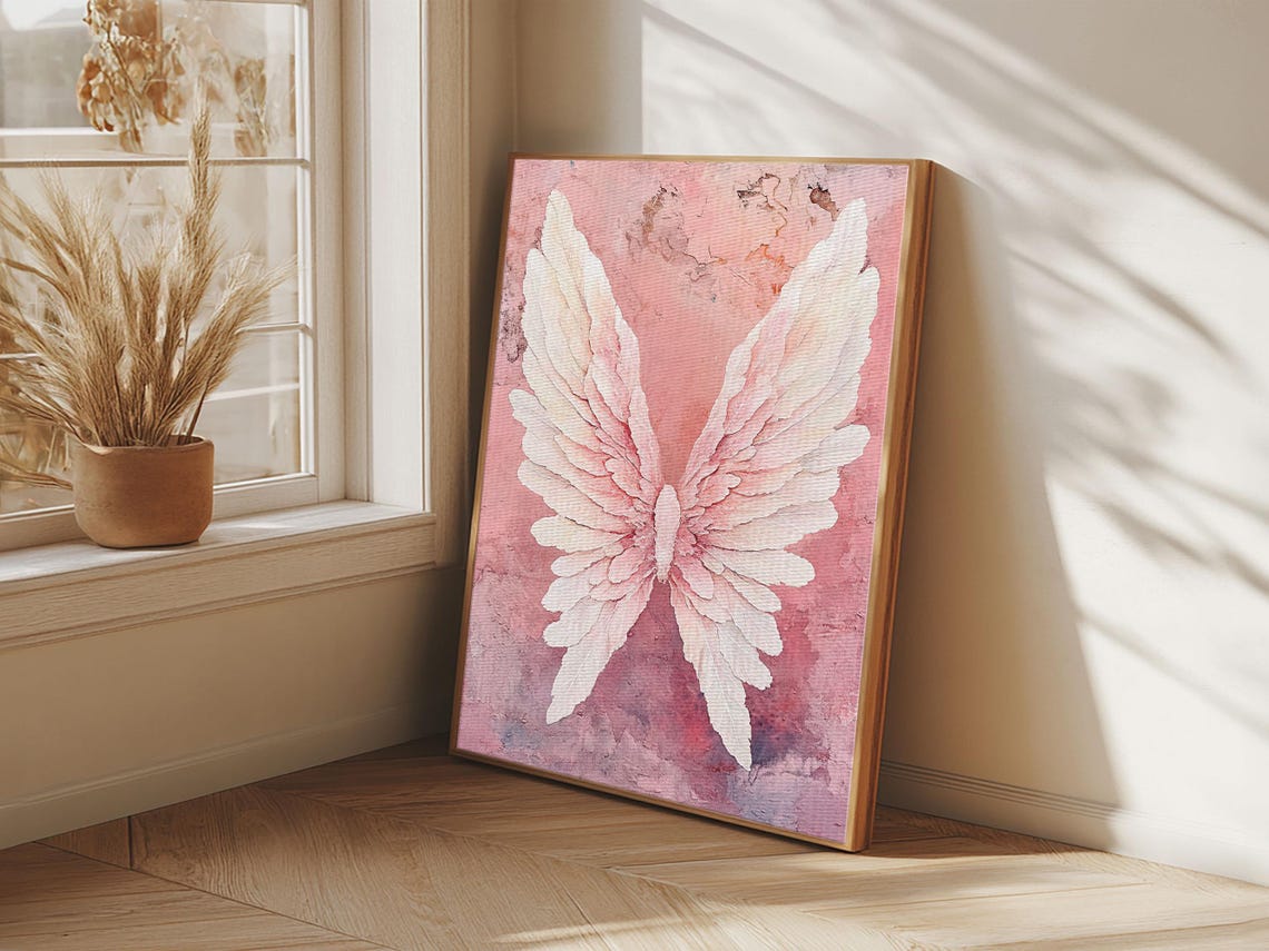 White Angel Wings Pink Watercolor Art Print Serene Bedroom Wall Poster - Image 4