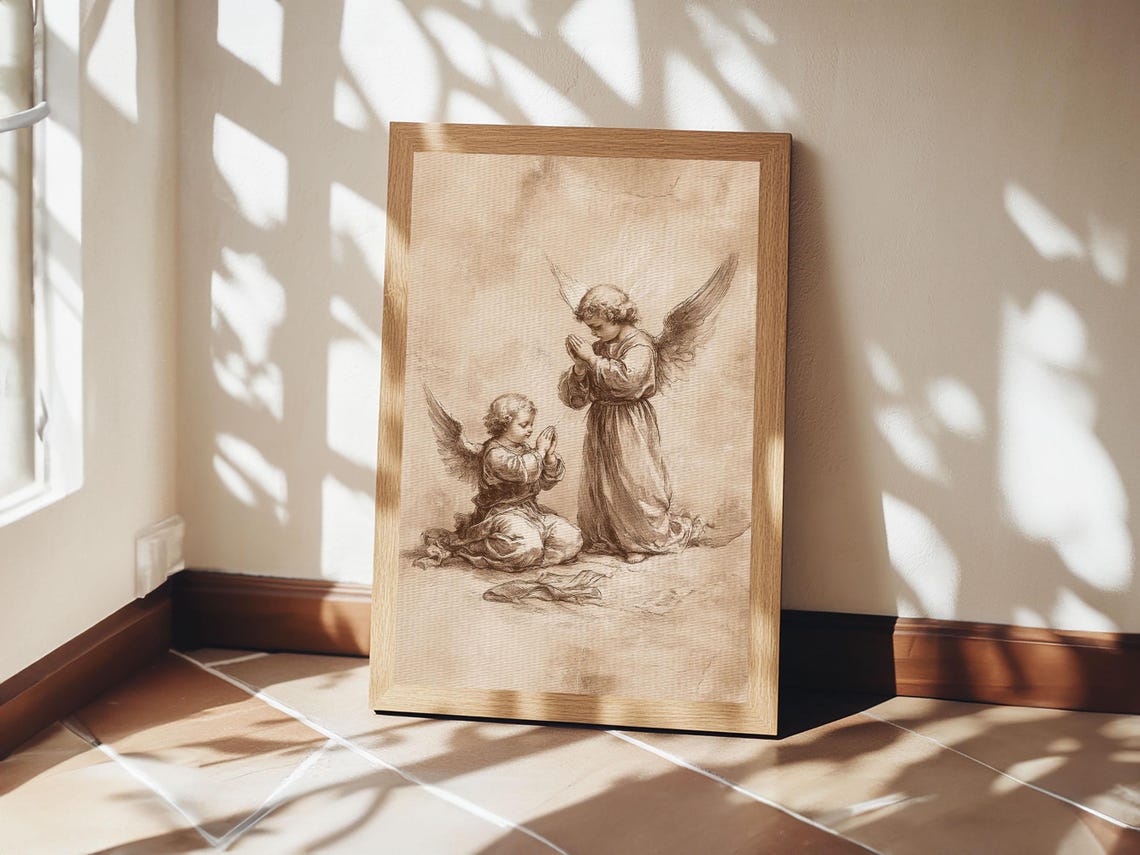 Praying Cherub Angels Sepia Sketch Vintage Guardian Angel Art Print - Image 4
