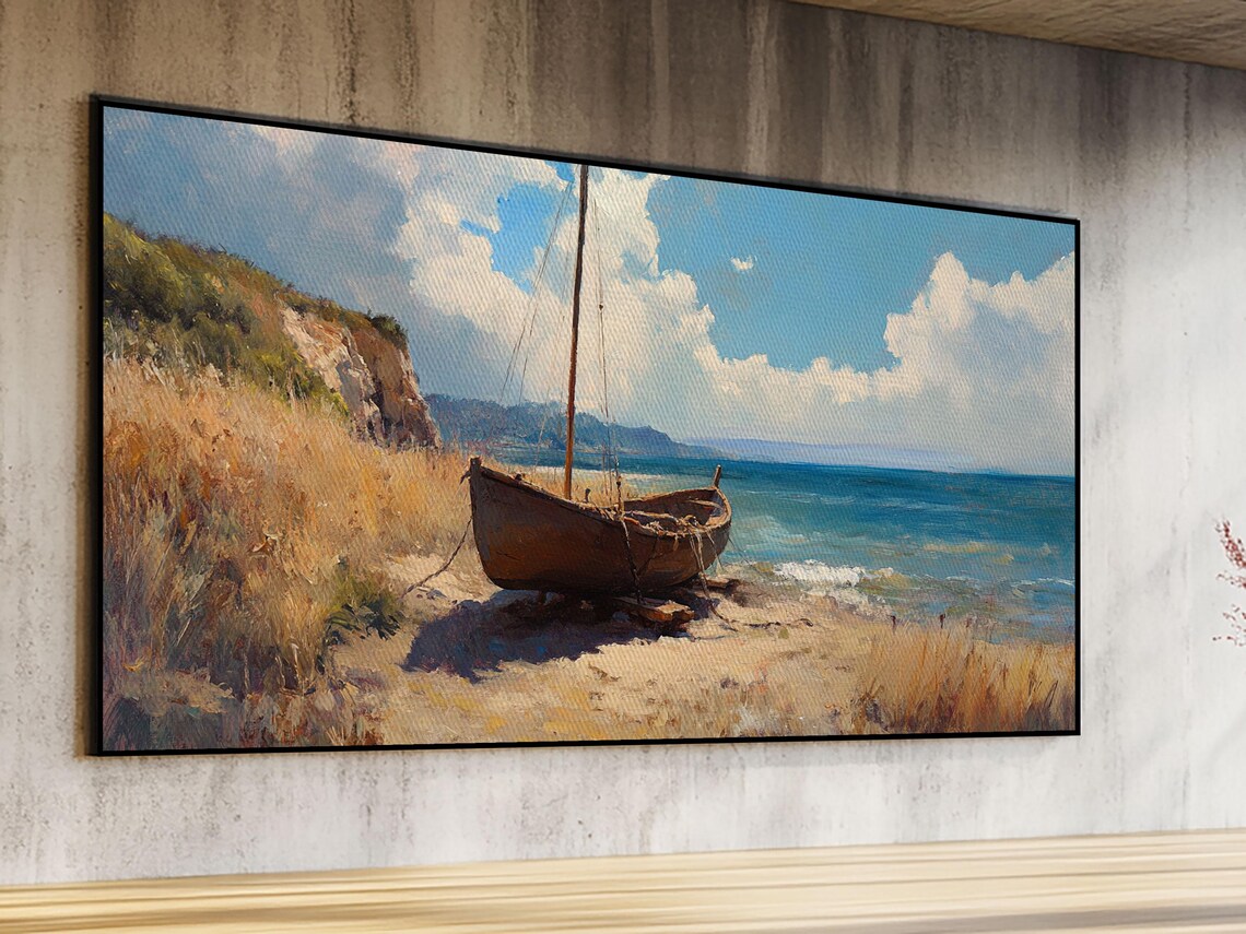 Wooden Sailboat Beached Coastal Shore Blue Sea Painting Travel Poster - Image 4