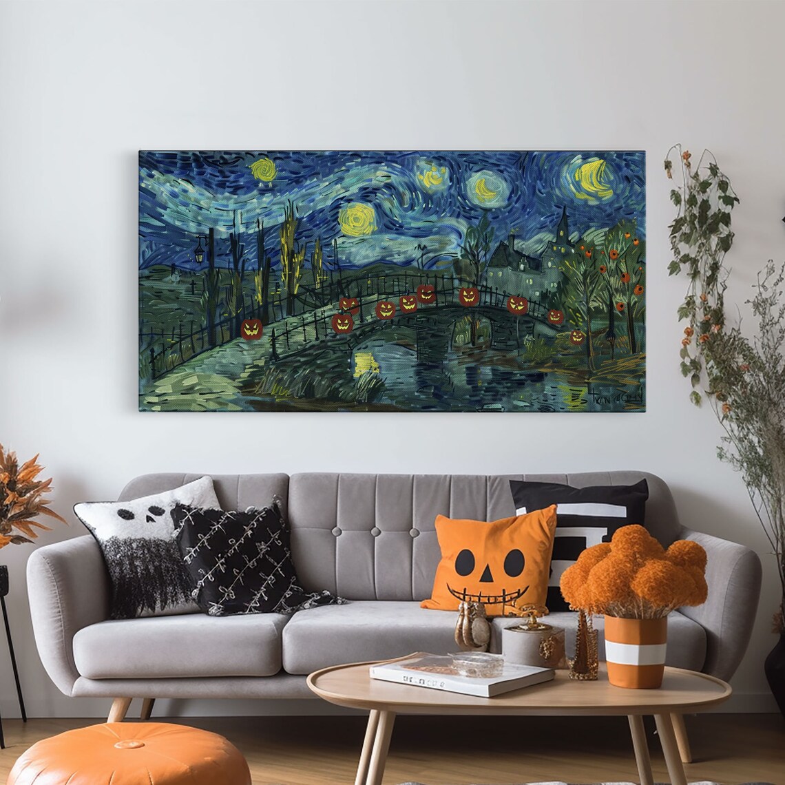 Starry Night Victorian Bridge Jack O Lanterns Swirling Sky Halloween Poster - Image 5