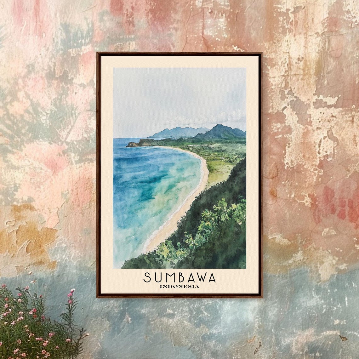 Sumbawa Indonesia Lush Green Bay Sandy Shore Mountain View Poster