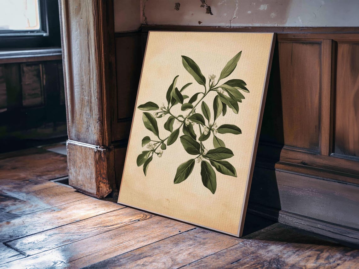 Vintage Botanical Green Leaves White Blossoms On Beige Paper Poster - Image 4