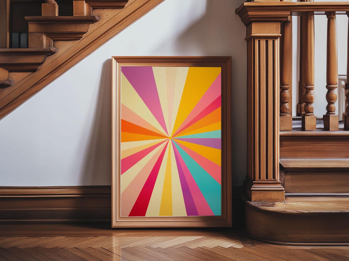 Retro Sunburst Rays Pink Orange Teal Cream Colorful Abstract Poster - Image 2
