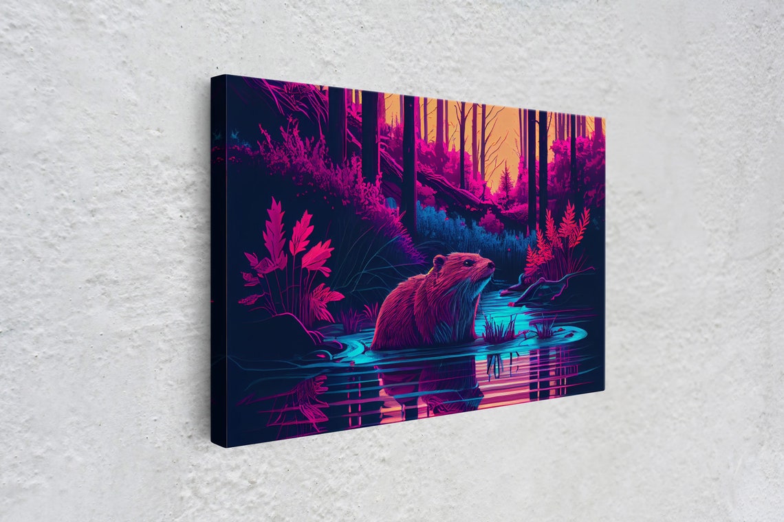 Cute Beaver In A River Pink Vaporwave Art Animal Prints Framed Print Framed Wall Art - Image 4