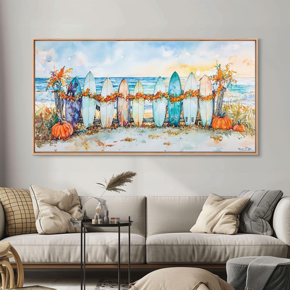 Colorful Surfboards With Pumpkin Garland Beach Fall Art Print