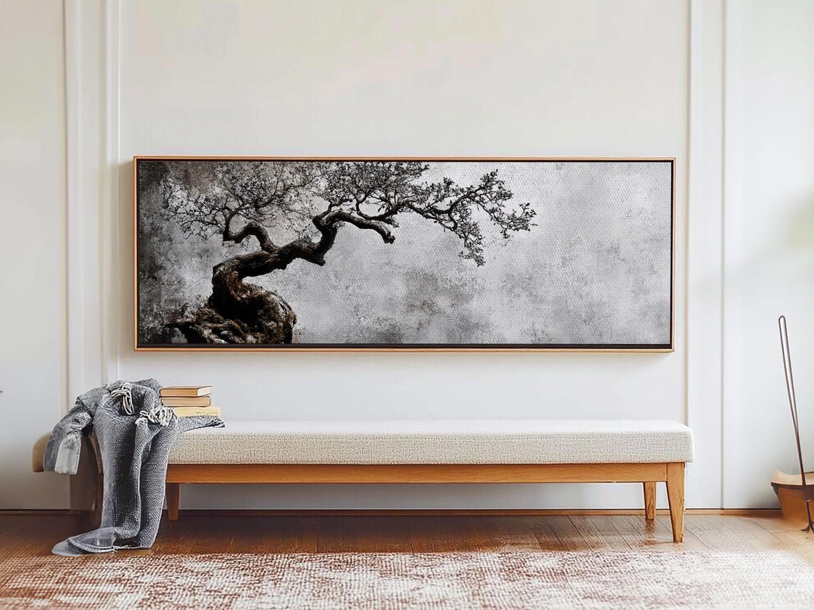 Black And White Bonsai Tree Minimalist Japanese Zen Panoramic Print - Image 2