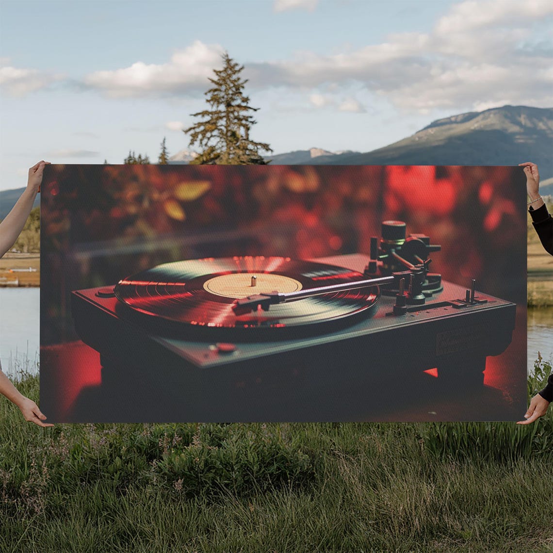 Vintage Vinyl Record Player Warm Red Glow Moody Turntable Music Poster
