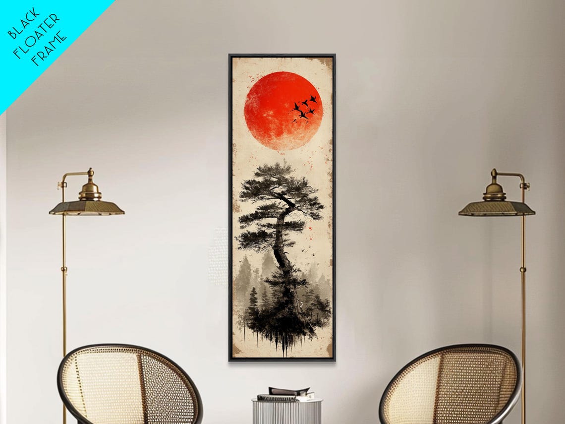 Bold Red Sun Pine Tree Framed Print Japanese Inspired Minimalist Wall Art Rustic Zen Decor Unique Vertical Nature Artwork - Image 4